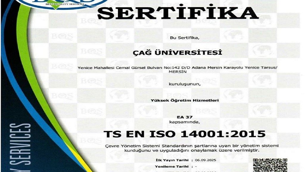 Üniversitemiz ISO 14001 Çevre Yönetim Sistemi Sertifikasını Almaya Hak Kazandı